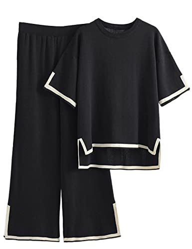 Gihuo Women's Sweater Sets 2 Piece Outfits Knit Lounge Sets Short Sleeve Pullover Tops Wide Leg Pants(Black-S)