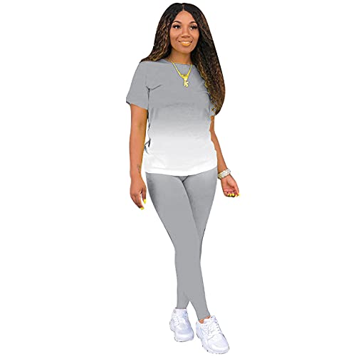 AOMONI Two Piece Outfits for Women Summer Bodycon Biker Pants Sets Casual Short Sleeve Top Tracksuit Plus Size Outfits Grey Medium