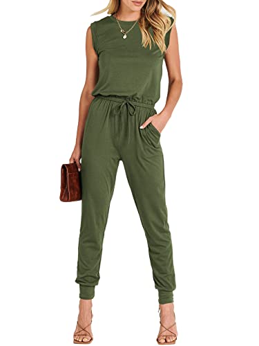 ANRABESS Women Summer Casual Sleeveless Tank Top Elastic Waist Loose Jumpsuit Rompers with Pockets A330junlv-S Army Green