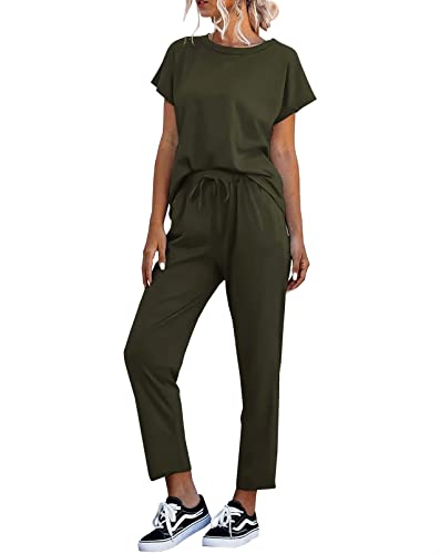 Eurivicy Women's 2 Piece Outfits Sets Casual Short Sleeve Crewneck T-Shirts and Pocketed Jogger Pants Summer Tracksuit Set