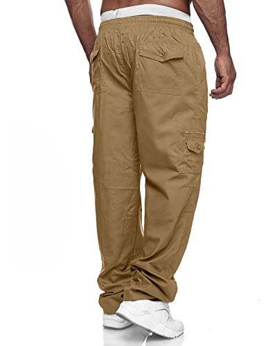 Men's Cargo Pants Relaxed Fit Sport Pants Jogger Sweatpants Drawstring Outdoor Trousers with Pockets Khaki 4XL