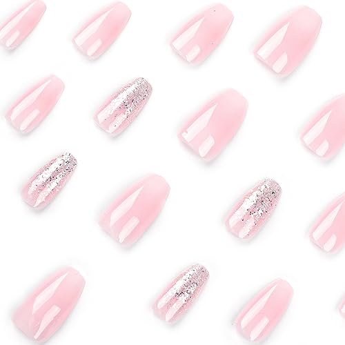 Press on Nails Medium Coffin Fake Nails with Bling Glitter Designs Pink Acrylic Nails Glossy Glue on Nails Cute Stick on Nails Medium Length Press on Nails Reusable Artificial Nails for Women Girls