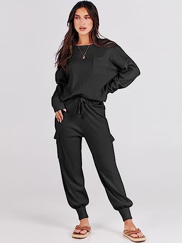 Caracilia Women's Two Piece Lounge Set Fall Outfits Loose Long Sleeve Knit Pullover Top Casual Cargo Pants with Pockets Sweater Sweat Sets 2023 Fall Winter Clothes C115A6-heise-L Black