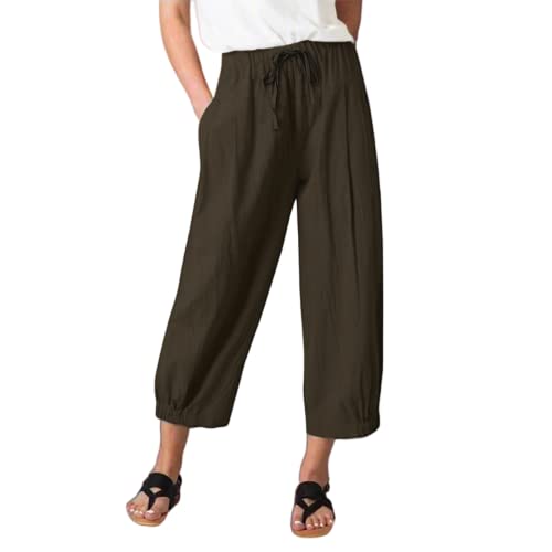 TBA Women's Casual Pants Summer Wide Leg Capris Drawstring Elastic High Waist Cotton Cropped Trousers with Pockets Brown