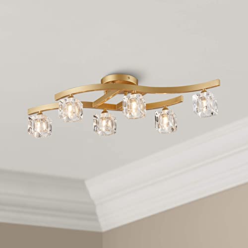 Bestier Modern Elegant Glass Crystal Ceiling Light Chandelier 6 Light Gold Flushmount Lighting Fixture L 30.5in W 10in H 7.5in