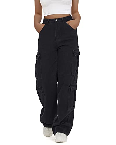 Women's High Waist Cargo Jeans Flap Pocket Baggy Cargo Pants Y2K Wide Leg Denim Jeans Straight Casual Loose Trousers Y2K Streetwear Pants-M Black.