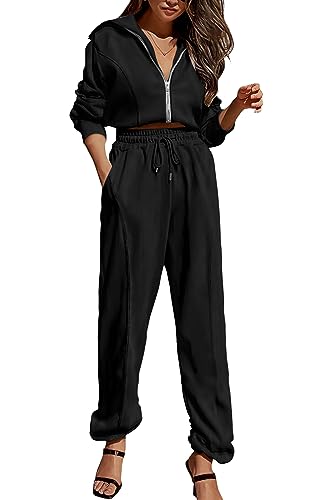 PRETTYGARDEN Women's 2 Piece Tracksuit Outfits Long Sleeve Zip Up Sweatshirt Drawstring Sweatpants Lounge Set (Black,Medium)