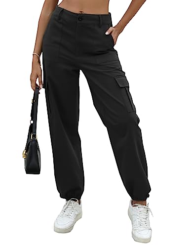 Yoetaun Black Cargo Pants for Women High Waisted Baggy Pants Adjustable Combat Military Trouser Black M