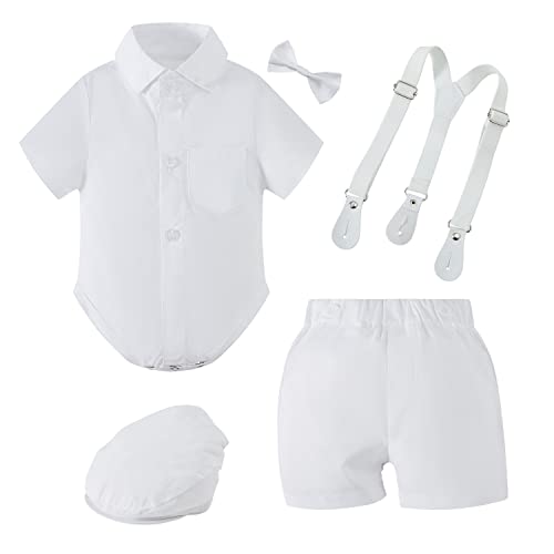 BabyMars Christening Clothes Cake Wedding Tuxedo Outfit Baby Boys Formal Suit Gentleman Bowtie Romper Shorts (White Short Sleeve, 3-6 Months)