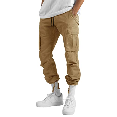 THWEI Mens Cargo Pants Casual Joggers Athletic Pants Cotton Loose Straight Sweatpants Khaki XL