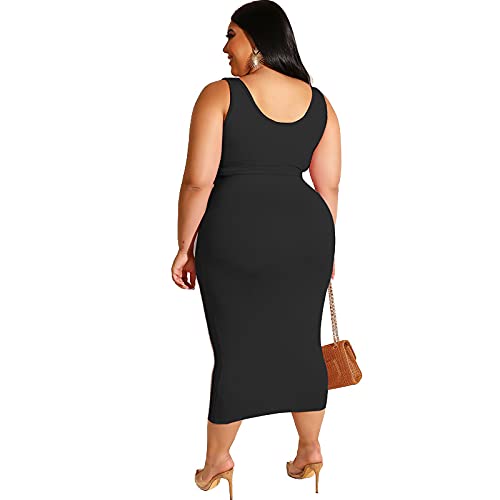 MRSFITOK Plus Size Women 2 Piece Outfits Sets Sexy Tracksuit Midi Dress,Sleeveless Tank Top Bodycon Skirts Set Casual Summer Black XL