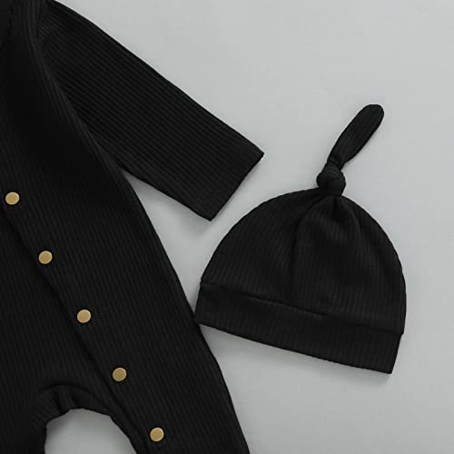 Newborn Infant Baby Boy Girl Fall Winter Clothes Long Sleeve Button Waffle Knit Footed Romper Hat 2Pcs Outfit (0-3 Months,Black)