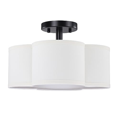 4 Light 14" Semi Flush Mount Ceiling Light Fixture,White Fabric Drum Shade Black Finish for Bedroom, Dining Room, Corridor, Living Room Hallway