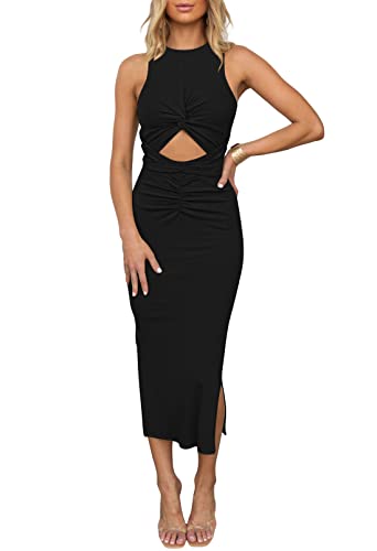 Cutout Twist Midi Dress Women Sleeveless Crisscross Ruched Tank Midi Bodycon Dresses with Slit Black L