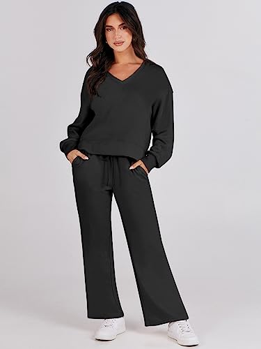 Caracilia 2 Piece Outfits for Women 2023 Casual Loungewear Sets Matching Crop Top and Wide Leg Pants Travel Fashion Clothes Comfy Sweatsuits C80A4-heise-M