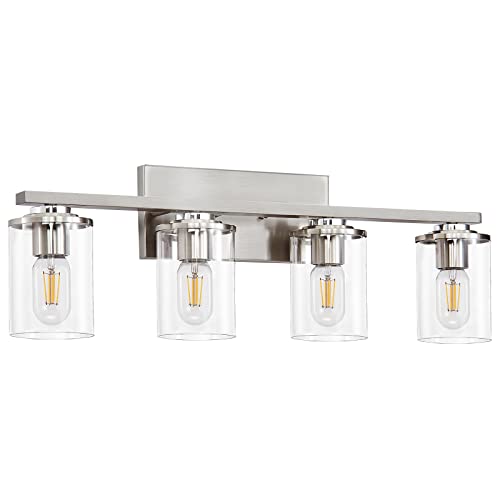 Doltoro 4-Light Bathroom Light Fixtures, Brushed Nickel Vanity Lights for Bathroom, Modern Bathroom Vanity Light with Clear Glass Shade, Brushed Nickel Bathroom Lights Over Mirror