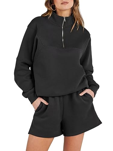 Prinbara 2 Piece Short Set Women Casual Comfy Sweat Sets Ladies Matching Lounge Short Sets Fleece Sweater Shorts Set Cozy Sweatsuits Set Outfits Baggy Trendy Winter Sets Black 1PA218-heise-M