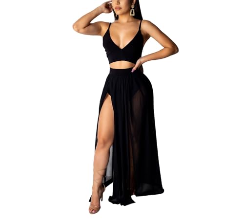 Women Sexy 2 Piece Outfits Dress Chiffon Strap Deep V Neck Bra Crop Top High Split Maxi Dresses Skirt Set Black XL