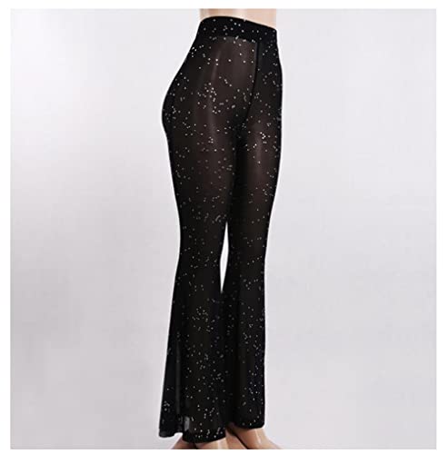 Women's Rave Sheer Mesh Sparkly Pants Bell Bottom Rave Outfit Clothes for Festival Dance Clubwear Black