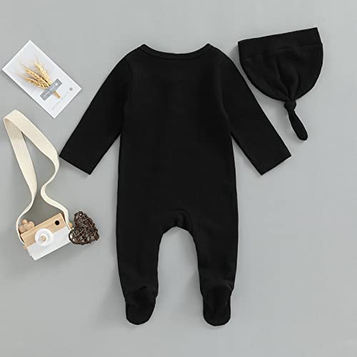 Newborn Infant Baby Boy Girl Fall Winter Clothes Long Sleeve Button Waffle Knit Footed Romper Hat 2Pcs Outfit (0-3 Months,Black)