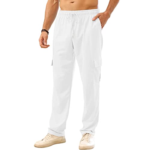 CTU Mens Workout Cargo Sweatpants Athletic Pants Open Bottom Joggers Casual Baggy Sweatpants with Pockets White