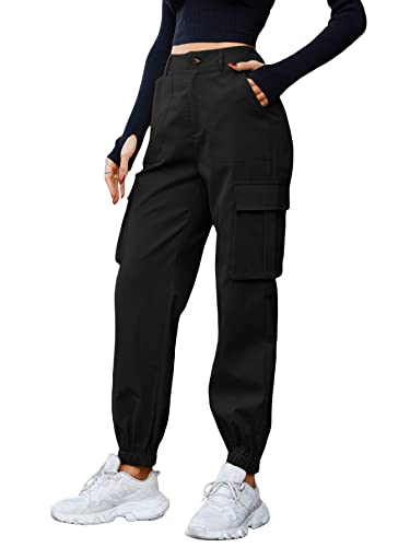 MakeMeChic Women's Casual High Waisted Hiking Jogger Cargo Pants with Pockets Black M