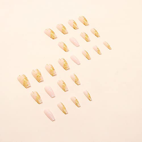 Press on Nails Medium Length Golden Fake Nail Gold Sequins Glossy Nails Design Acrylic Nails Full Cover Stick on Nails for Women and Girls 24Pcs