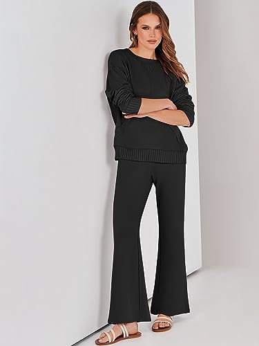 ANRABESS Women's Two Piece Outfits Travel Sweater Set Long Sleeve Pullover Tops and Casual Pants Tracksuit Matching Sets Loungewear 2023 Fall Fashion Clothes Sweat Suit 1162-heise-S