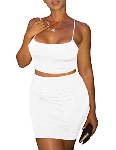 Kaximil Women's Summer 2 Piece Outfits Cami Crop Top Bodycon Skirt Mini Club Dress, Large, White