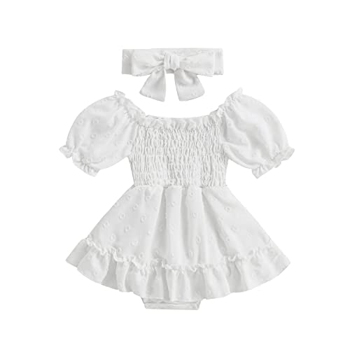 Infant Baby Girls Romper Dress Dot Pattern Short Sleeve Ruched Jumpsuits Skirts Hem Bodysuits Headband (White dots, 6-12 Months)