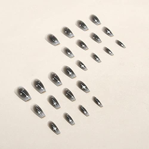 24Pieces Press on Nails Medium Length Coffin Fake Nails Grey Black False Nails with Moon Stars Design Stick on Nails Full Cover French Glossy Glue on Nails