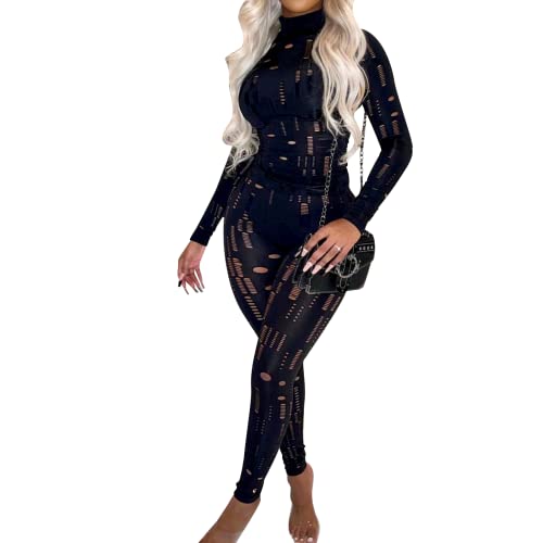 Sexy 2 Piece Outfits for Women Party Club Night, Sheer Mesh Hollow Out Long Sleeve Crop Top and High Waist Bodycon Pants Set Black S