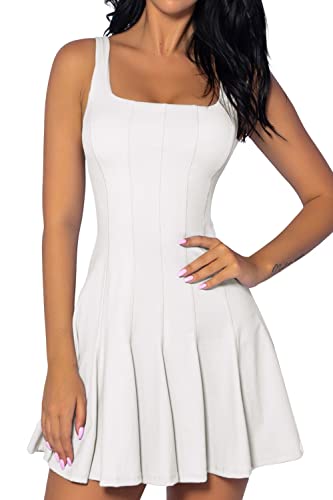 QINSEN Women's Slimming Fit Tennis Dress High Waist Tummy Control Golf Dress with Shorts,White M