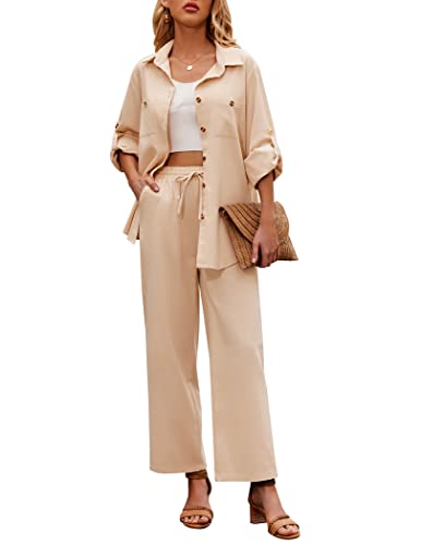 Zeagoo Women 2 Piece Linen Sets 2023 Button Down Shirt and Drawstring Long Pants Set Summer Outfits，Khaki，L