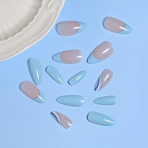 Blue French Tip Press on Nails Almond Shape Fake Nails Full Cover Glossy Acrylic Nails White And Blue Line Nails With Glitter Design Medium Length Artificial Nails Stick on Nails for Women and Girls