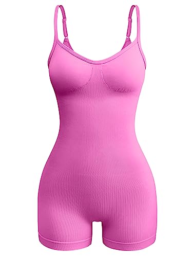 OQQ Women's Yoga Ribbed One Piece Spaghetti Strap Sleeveless Top Romper, Rose, Small