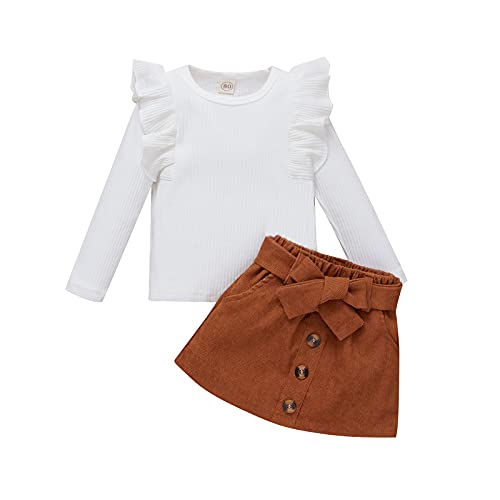 DUBASAM Trendy Kids Toddler Baby Girl Fall Outfit Ruffle Long Sleeve Knit Blouse Pullover Top Mini Skirt with Belt Clothes (White +brown, 2-3 Years)