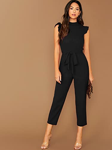 WDIRARA Women's Sleeveless Mock Neck Ruffle Trim Belted Cropped Jumpsuit Romper Black L