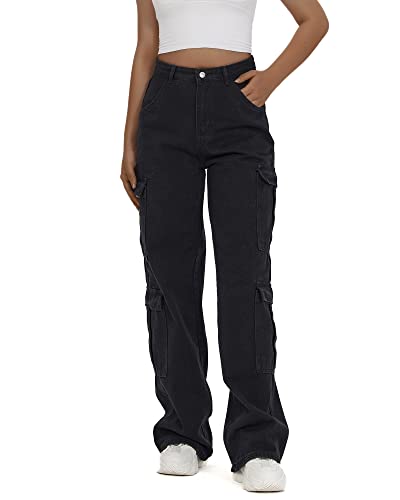 Women's High Waist Cargo Jeans Flap Pocket Baggy Cargo Pants Y2K Wide Leg Denim Jeans Straight Casual Loose Trousers Y2K Streetwear Pants-M Black.