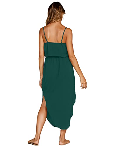 NERLEROLIAN Women's Adjustable Strappy Split Summer Beach Casual Midi Dress(molv,M) Dark Green