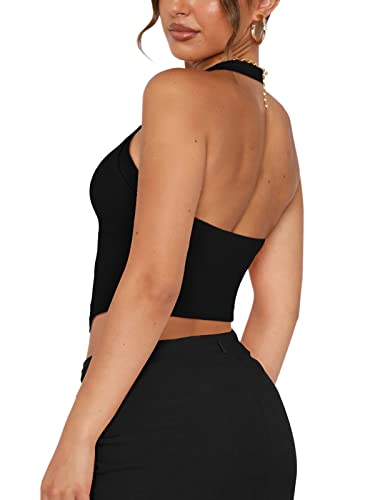 REORIA Women's Summer Sexy Halter V Neck Sleeveless Backless Y2K Trendy Crop Tank Tops for Going Out Black Medium