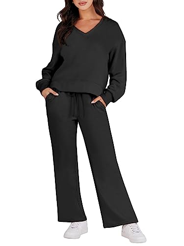 Caracilia 2 Piece Outfits for Women 2023 Casual Loungewear Sets Matching Crop Top and Wide Leg Pants Travel Fashion Clothes Comfy Sweatsuits C80A4-heise-M