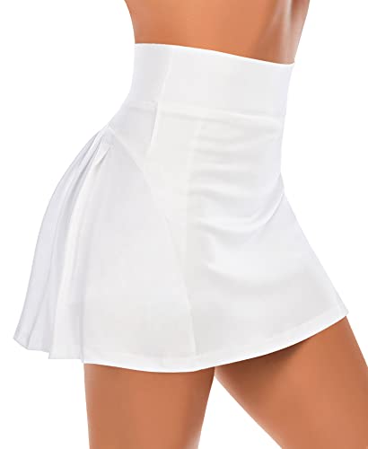 Pleated Tennis Skirts for Women with Pockets Shorts Athletic Golf Skorts Running Workout Sports Activewear Skirt (White, Small)