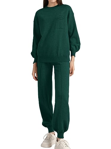 SuperPrity Womens Two Piece Sweatsuit Outfits Long Sleeve Pocket Tracksuit Sets Knitted Loungewear Set-XL,Dark Green