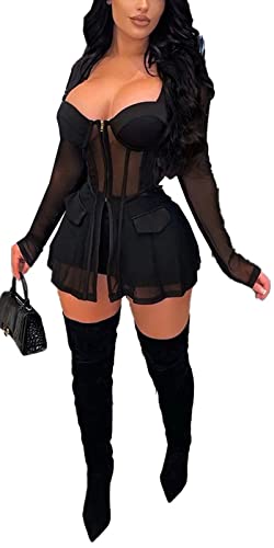 Sexy Two Piece Outfits for Women Mesh See Through Patchwork Tops Bodycon Shorts Rompers Party Club Tracksuit Black XL