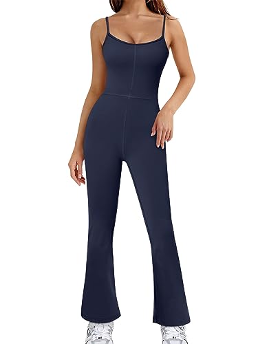 AUTOMET Flare Jumpsuits for Women Sexy One Piece Rompers Spaghetti Straps Scoop Neck Bodycon Full Length Unitard Wide Leg Bodysuit Summer Workout Outfits 2023