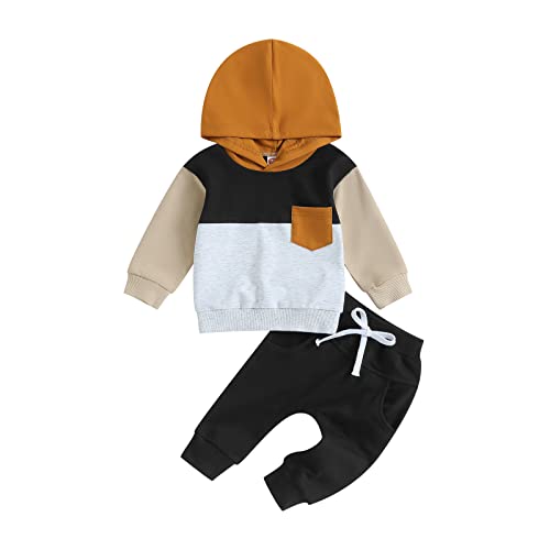 Baby Boys Clothes 3 6 9 12 18 24M 3T Pants Set Hooded Patchwork Hoodie Sweatpants Fall Winter Outfits (A-Black, 6-12 Months)