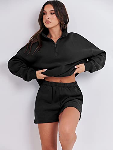 Prinbara 2 Piece Lounge Set For Women Outfits Fall Sweatsuit Fleece Oversized Half Zip Sweatshirt Casual Loose Matching Short Set Loungewear Sweat Set Preppy Clothes Black 7PA75-heise-M