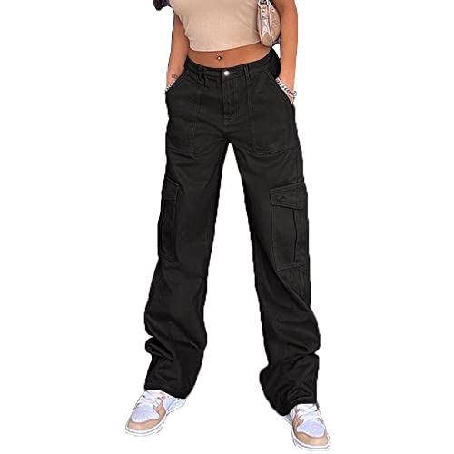 Disnxoo Women's High Waist Cargo Pants Stretch Baggy Multiple Pockets Relaxed Fit Straight Wide Leg Y2K Fashion Jeans (#1 Black, Medium)