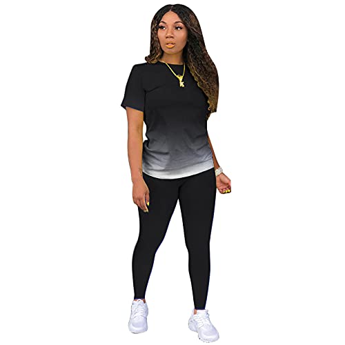 AOMONI Two Piece Outfits for Women Summer Bodycon Biker Pants Sets Casual Short Sleeve Top Tracksuit Plus Size Outfits Black Small